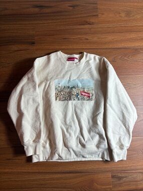 Supreme men’s large cream aerial Crewneck with Cityscape Chest Graphic